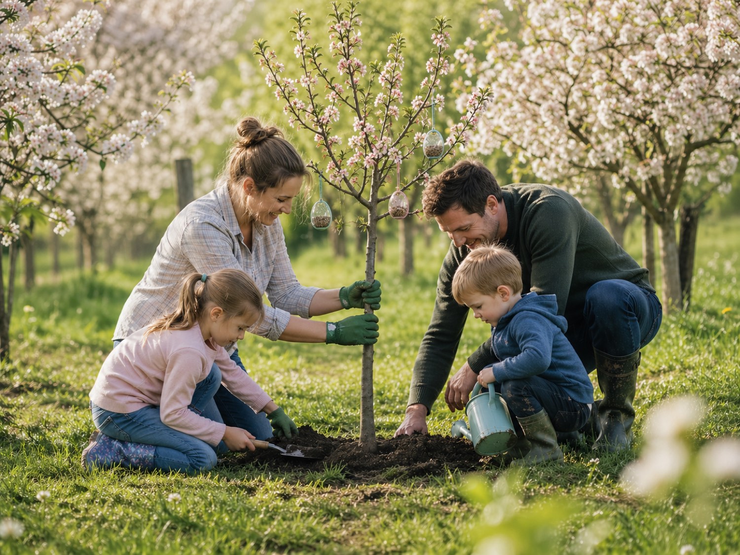A family planting a small blossom tree together in a garden lined with cherry blossom