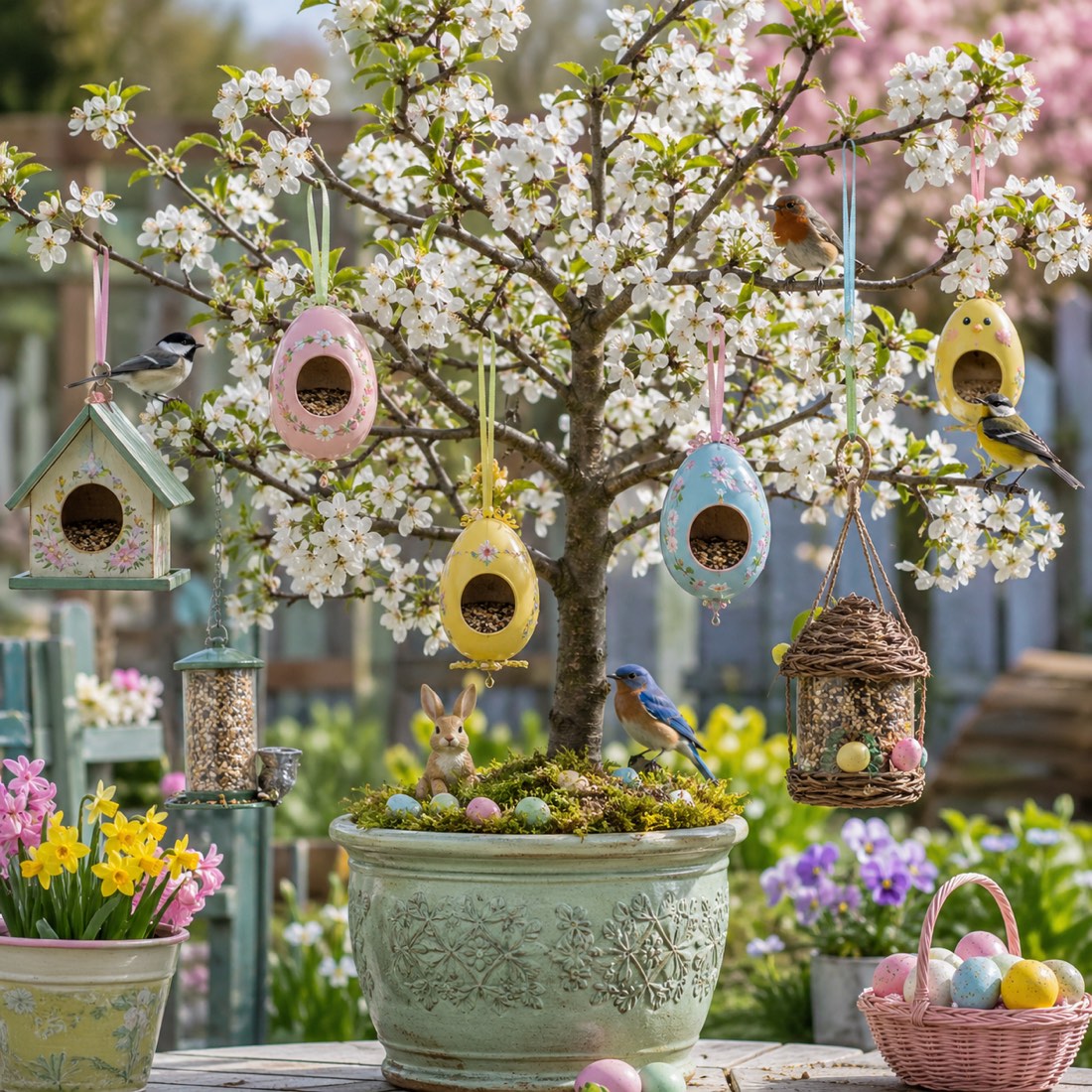 A blossom tree decorated with bird-food ornaments — suet shapes, seed-filled eggs, fat-ball baubles, and birds approaching